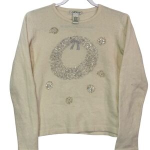 ORVIS Cream Wreath Sequin Embellished Christmas Sweater‎ Size S Lambswool Angora